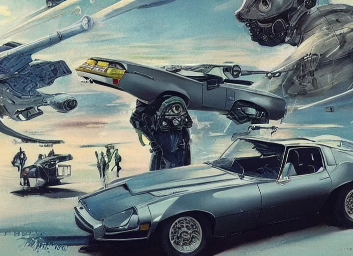 Prompt: ( ( ( ( ( 1 9 8 2 pontiac trans am, jaguar e - type, car concept art, sci - fi illustration, painting ) ) ) ) ) by vincent di fate and john berkey and rogue one and the mandalorian!!!!!!!