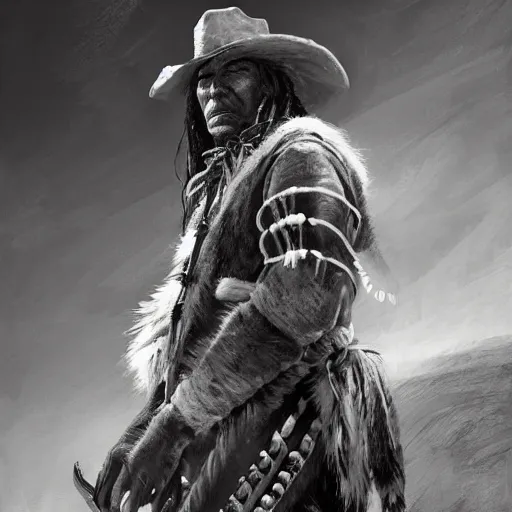 Image similar to portrait of a native american warrior, black paint on face, drawn by ruan jia, fantasy art, red dead redemption, django, cliffs background, weird west, deadlands, dramatic lighting, digital art, 8 k, extremely detailed