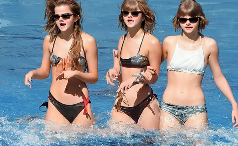 Image similar to emma watson and taylor swift and selena gomez swim together. perfect faces.