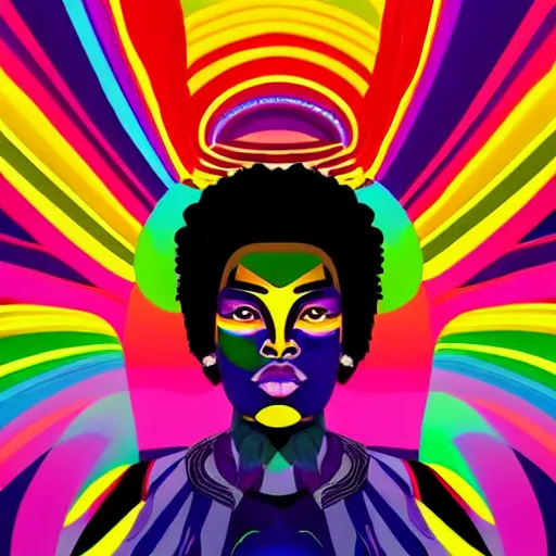 Prompt: closeup portrait of a black woman with yellow eyes and a rainbow background, digital art by tomokazu matsuyama, by ed paschke, behance contest winner, generative art, irridescent, retrowave, grain, androgynous, black background