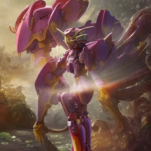 Prompt: futuristic nymphaea gouf waterlily upper body, sepals forming helmet, floral details, nymphaea, 8 k hd resolution, barbatos gundam with floral inlay, bandai box art, star wars, makoto kobayashi, frank gehry, raymond swanland