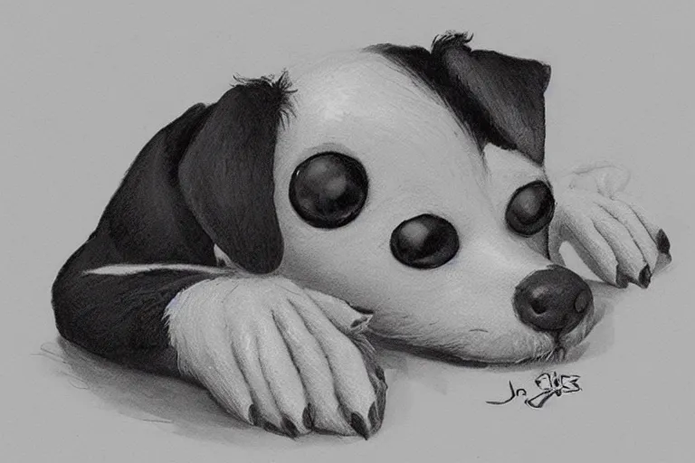 Prompt: cute black and white jack russel terrier laying on dog bed, large round eyes, concept art, game art, character design, fantasy illustration, sketch by cory loftis and bill schwab