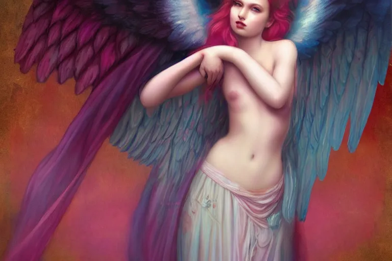 Image similar to pretty angel girl with wings photograph in the style of tom bagshaw, colorful, realistic, 8 k