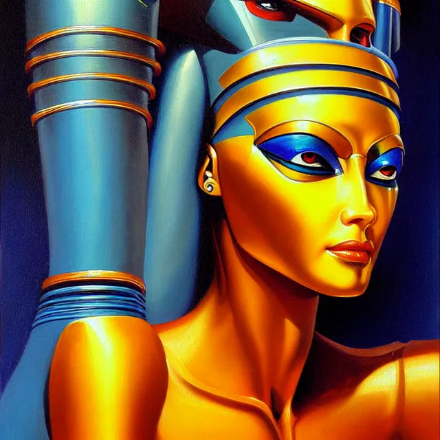 Image similar to a beautiful painting cyberpunk robot queen of egypt face, by boris vallejo realistic oil painting