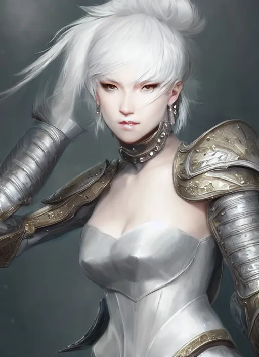 Image similar to fur - lined armor!!! beautiful and elegant white haired female!! gorgeous ayes!! character concept art, sharp focus, octane render! unreal engine 5! highly rendered!! trending on artstation!! detailed linework!! illustration by artgerm, wlop, krenz cushart and chie yoshii