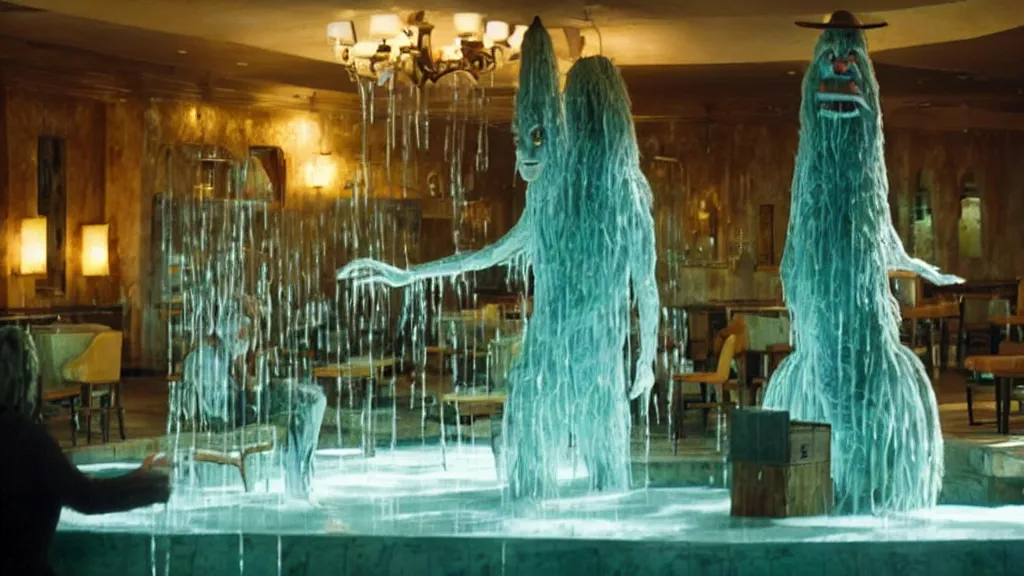 Image similar to the tall strange creature helps customers in the restaurant, made of water, film still from the movie directed by Denis Villeneuve with art direction by Salvador Dalí, wide lens