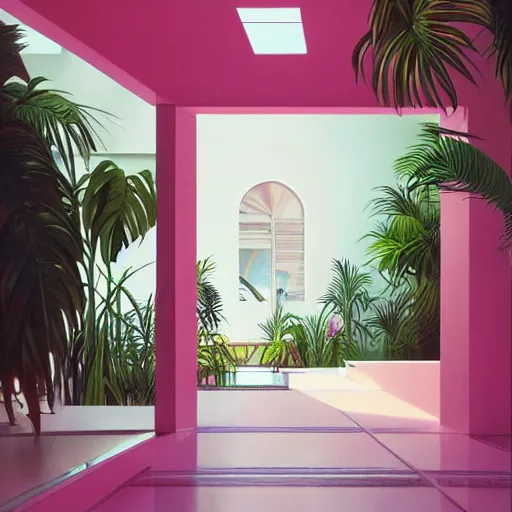 Image similar to indoor liminal space, golden light, peter tarka, palm trees, pink door, minimalistic, hyperrealistic surrealism, award winning masterpiece with incredible details, epic stunning, infinity pool mirrors, a surreal vaporwave liminal space with mirrors, highly detailed, trending on artstation, artgerm and greg rutkowski and alphonse mucha, daily deviation