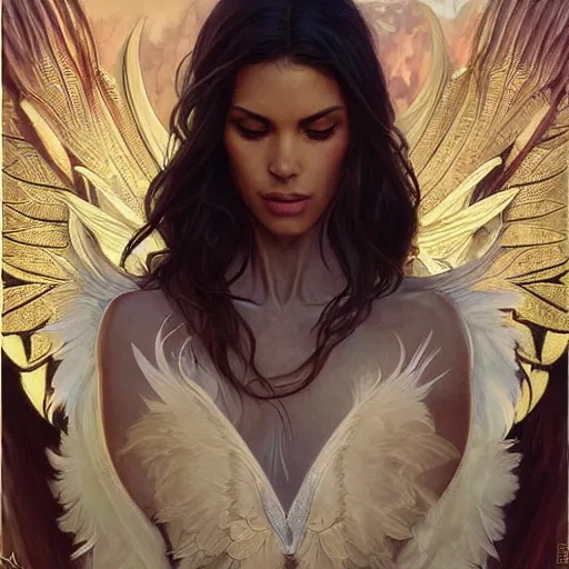 Prompt: a great lucifer, with beautiful wings, beautiful feather, beautiful eyes, olive skin, long dark hair, beautiful bone structure, intricate, elegant, highly detailed, digital painting, artstation, concept art, smooth, sharp focus, illustration, art by artgerm and greg rutkowski and alphonse mucha