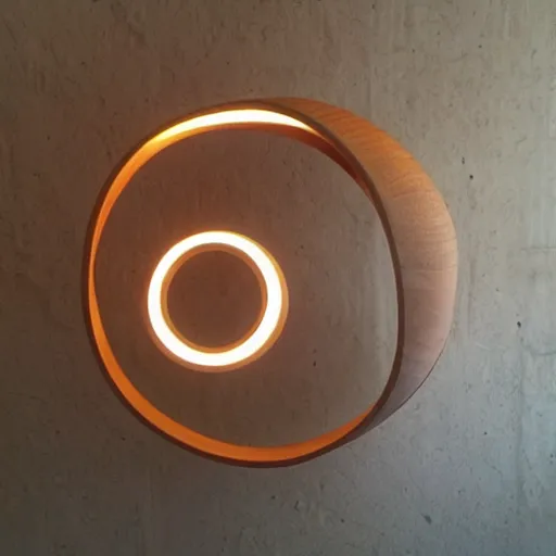 Image similar to circle shaped sculpture, curves, wood, lights