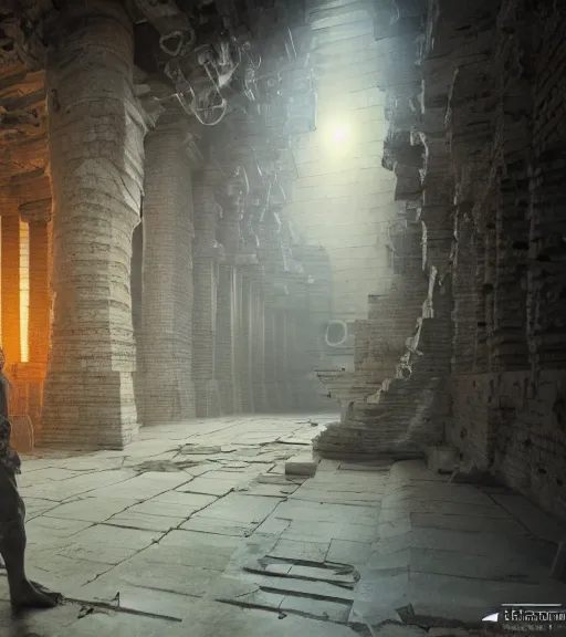 Prompt: monk standing in a futuristic stand in the ancient destroyed tower of babylon, hyper realistic, blockchain, cyber world, ambient lighting, concept art, intricate, hyper detailed, tarkovsky greatest scene, smooth, dynamic volumetric lighting, octane, ray trace, cinematic, high quality, high resolution, 4 k, cgsociety, greg rutkowski, gurney