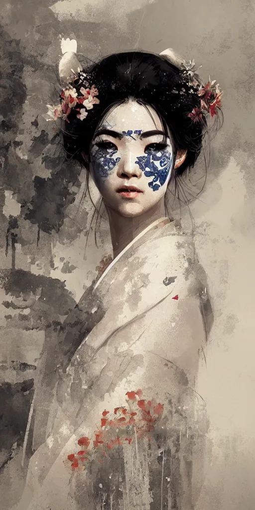 Image similar to female geisha girl, beautiful face, rule of thirds, intricate outfit, spotlight, by greg rutkowski, by jeremy mann, digital painting