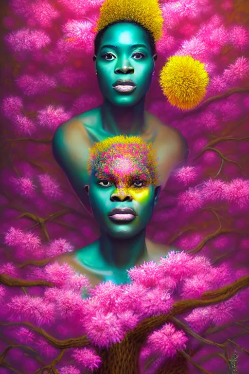 Prompt: hyperrealistic neo - rococo cinematic super expressive! yoruba goddess with exoskeleton armor, merging with tree in a forest, pink yellow flowers, highly detailed digital art masterpiece, smooth etienne sandorfi eric zener dramatic pearlescent soft teal light, ground angle hd 8 k, sharp focus