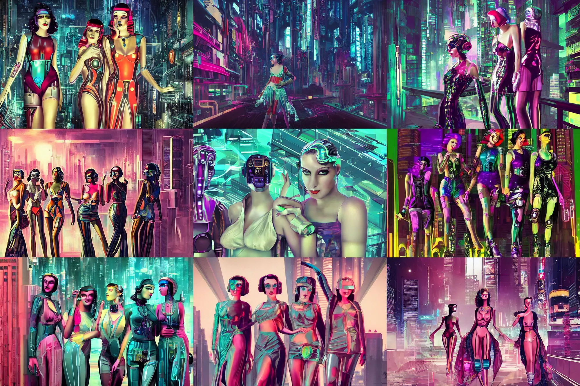 Prompt: beautiful photo of Art Deco cyberpunk girls in the year 3030