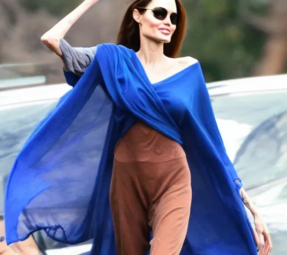 Prompt: beautiful astonishing angelina jolie as a mystical creature with beautiful body shape wearing a magic blue blanket and flying through the air