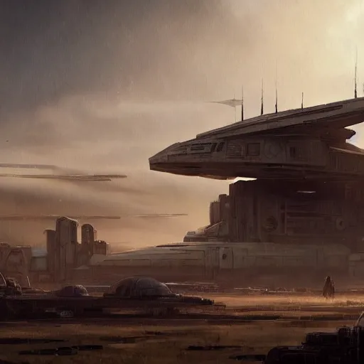 Image similar to star wars concept art by greg rutkowski, brutalist city in the middle of a savannah landscape, cinematic sunset lighting, dramatic atmosphere.