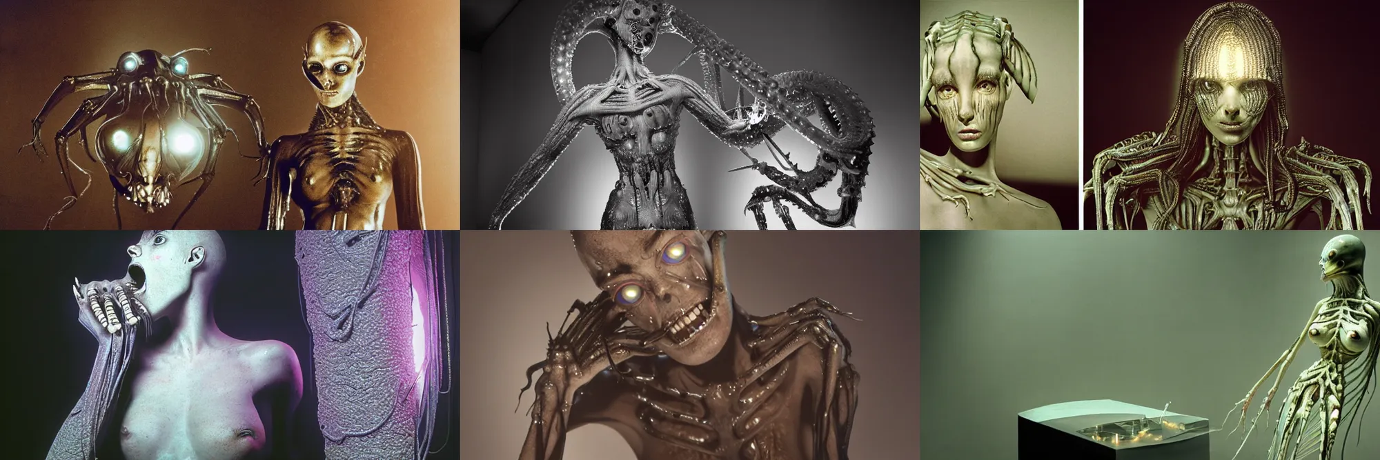 Prompt: A photorealistic sculpture designed by H.R. Giger of a bio-mechanical woman fused with a squid and spider eyes on a LED crystal podium. Shot on film by blade runner Cinematographer jordan cronenweth in a dark art gallery illuminated over head by a a single dim kinoflo light surrounded with volumentric haze