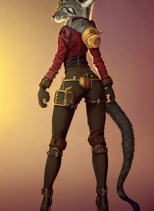 Image similar to wide angle beautiful full body portrait of a strong female anthropomorphic anthro lynx fursona from behind wearing a steampunk leather pants. paw pads instead of feet, character design by disney, anime, manga, charlie bowater, ross tran, artgerm, and makoto shinkai, detailed, soft lighting, rendered in octane