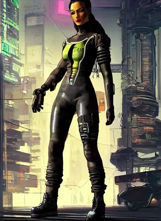 Image similar to sonya igwe. cyberpunk mercenary in tactical harness and jumpsuit. dystopian. portrait by stonehouse and mœbius and will eisner and gil elvgren and pixar. realistic proportions. cyberpunk 2 0 7 7, apex, blade runner 2 0 4 9 concept art. cel shading. attractive face. thick lines. moody industrial setting.