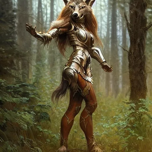 Image similar to long shot photo of a humanoid female she - wolf with wolf head were a heroic dress an armour in the forest, long hair, highly detailed, digital painting, artstation, smooth, sharp focus, illustration, art by artgerm and greg rutkowski and alphonse mucha