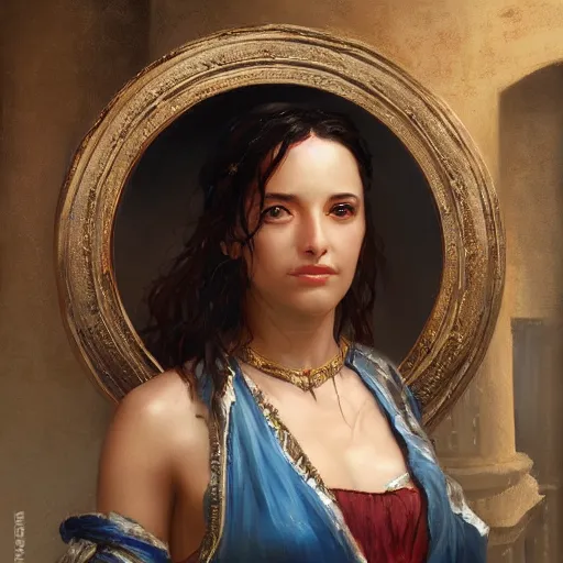 Image similar to portrait of a greek woman ( 3 5 ) from greece in 2 0 2 1, an oil painting by ross tran and thomas kincade