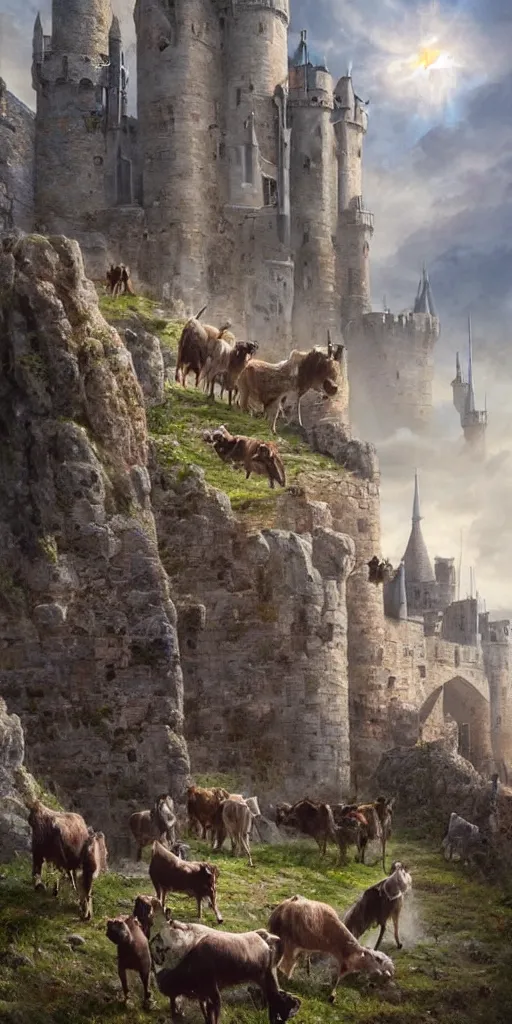 Image similar to a herd of goats! on stairs in a beautiful fantasy castle, medieval citadel, medieval cathedral, many goats, magic, tall towers, gorgeous clouds, colorful, sunrays, digital painting, landscape, octane render, unreal engine, high detail, very realistic, by greg rutkowski. by james gurney