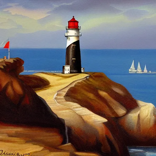 Image similar to painting of a coastal landscape with a lighthouse, by Aleksander Rostov