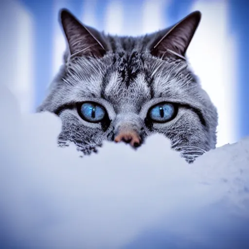 Prompt: cryogenic frozen upright cat blue ice in futuristic scene macro realistic photography