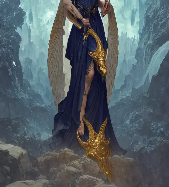 Image similar to god of death, young male, crystal cave background, elegant dark blue dress, very detailed, throne, very intricate details, jewelry, gold eyeshadow, elaborate long black hairstyle, wings, cinematic, artstation, william bouguereau, alphonse mucha, greg rutkowski, rossdraws, octane render