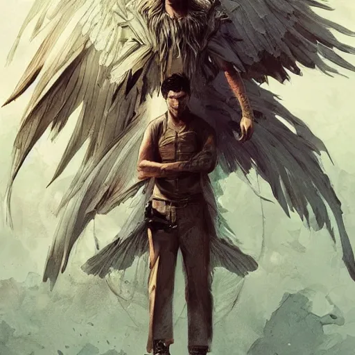 Image similar to angel protecting man, detailed intricate ink illustration, happy atmosphere, detailed illustration, hd, 4k, digital art, overdetailed art, by greg rutkowski, by loish, complementing colors, Trending on artstation, movie poster style