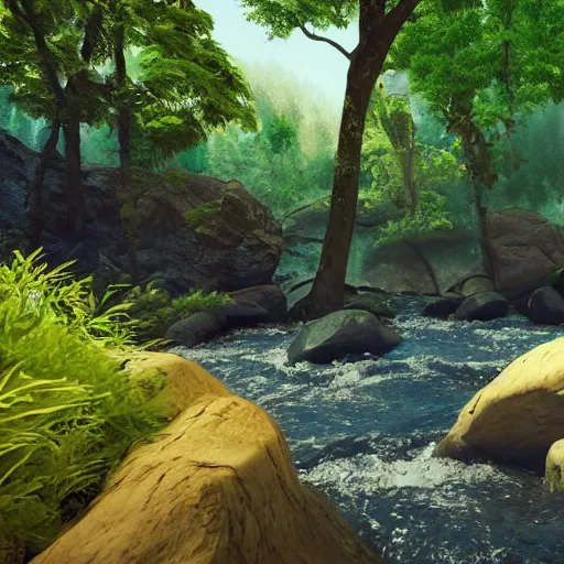 Image similar to a beautiful landscape, river, rocks, trees, volumetric lighting, octane render, nvidia raytracing demo, lush vegetation
