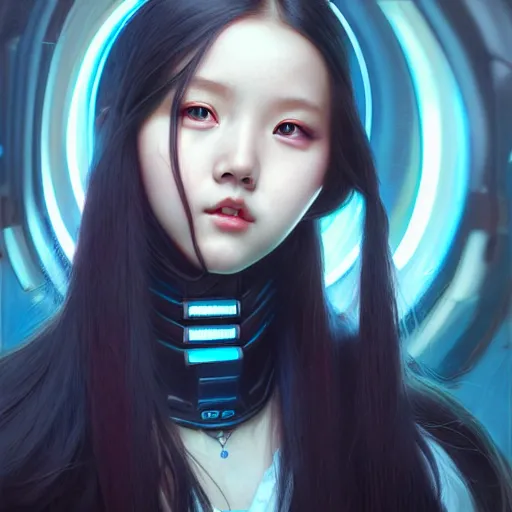 Image similar to portrait painting of olivia hye kpop as a cheerful smiling cyberpunk mercenary, ultra realistic, concept art, intricate details, eerie, highly detailed, photorealistic, octane render, 8 k, unreal engine. art by artgerm and greg rutkowski and magali villeneuve and alphonse mucha