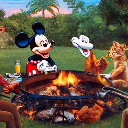 Image similar to animals sit around the fire and fried chicken in disney styles