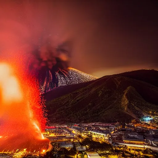 Image similar to vulcano erupts next to the village, tilt-shift photograph