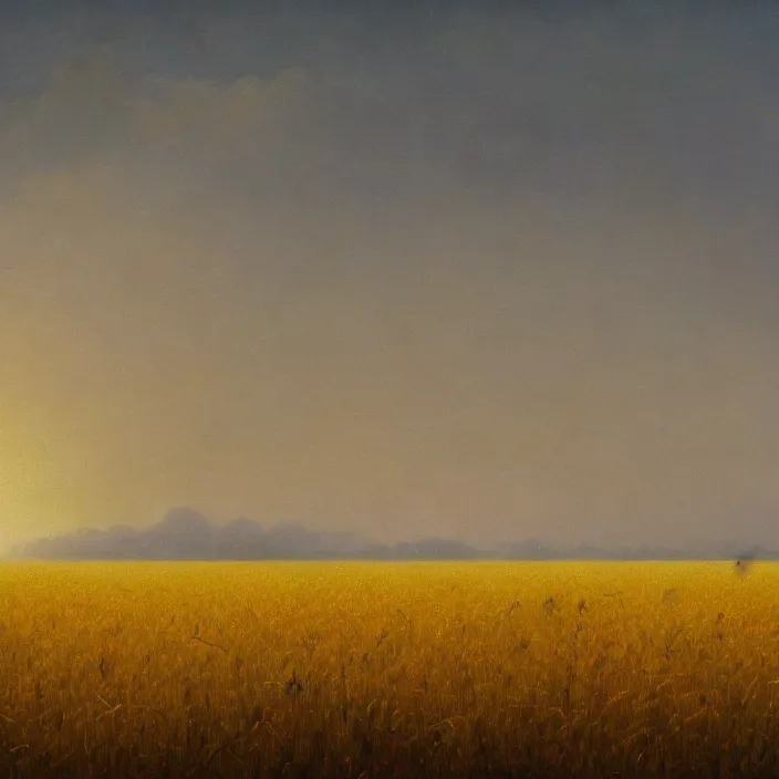 Prompt: a beautiful painting of a field of golden wheat by ivan aivazovsky, zdzisław beksinski, rene magritte, greg rutkowski, james gurney, in style of digital art. hyper detailed. octane render. maya. ray tracing. trending on artstation