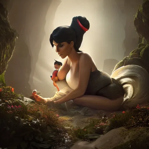 Prompt: Kim Kardashian being carried by gnomes, kim dressed as snow white, atmospheric lighting, intricate detail, cgsociety, hyperrealistic, octane render, RPG portrait, ambient light, dynamic lighting, hyper detailed, elegant, cinematic, awe inspiring, beautiful, unreal engine, 8k ultra hd, artstationHD, hyper detailed, elegant, cinematic, awe inspiring