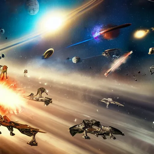 Image similar to epic scene of space battle with spaceship explouding warriors all over the scene, panoramic, realistic 4 k