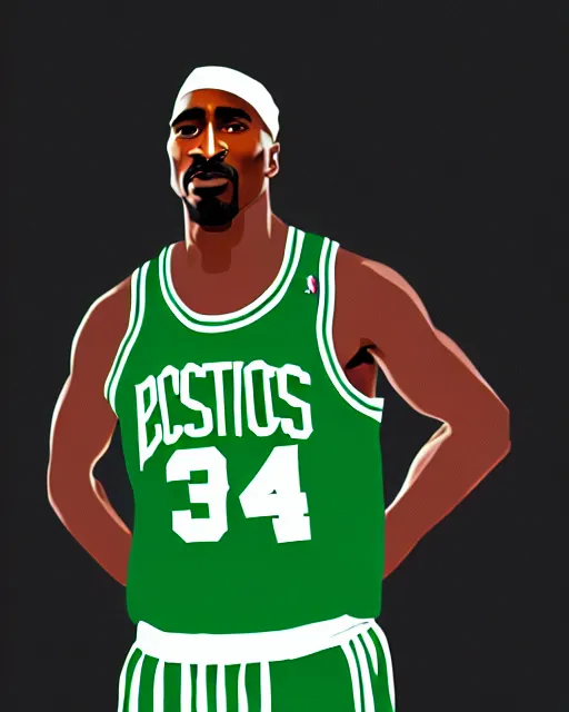 Image similar to portrait of tupac shakur, boston celtics jersey number 3 4, green, white, cartoon digital art, oil on canvas, trending on artstation, octane render