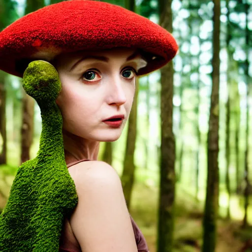 Image similar to portrait of a thin girl twiggy face in full height, elegant pose, a huge toadstool hat on her head, large eyes , the girl is standing on the edge of the forest, surrounded by colorful sparkling moss ,intense, dramatic lighting, intricate details, cinematic, high definition