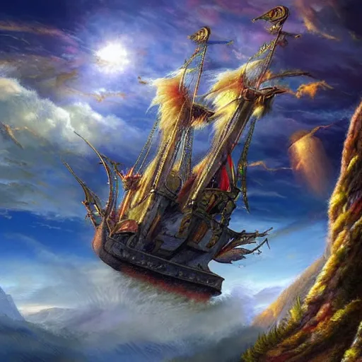 Prompt: ( magic skyship ) flying over ( fantasy landscape ), highly detailed, beautiful