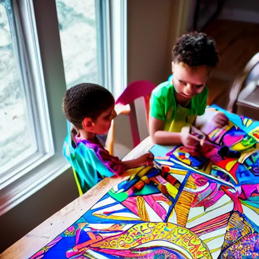 Prompt: Children\'s coloring book on top of a living room table, sun comes in through the window. 4k Canon ISO 1000