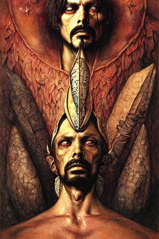 Prompt: a portrait of conquistador by wayne barlowe, gustav moreau, goward,  Gaston Bussiere and roberto ferri, santiago caruso, and austin osman spare, ((((occult art))))