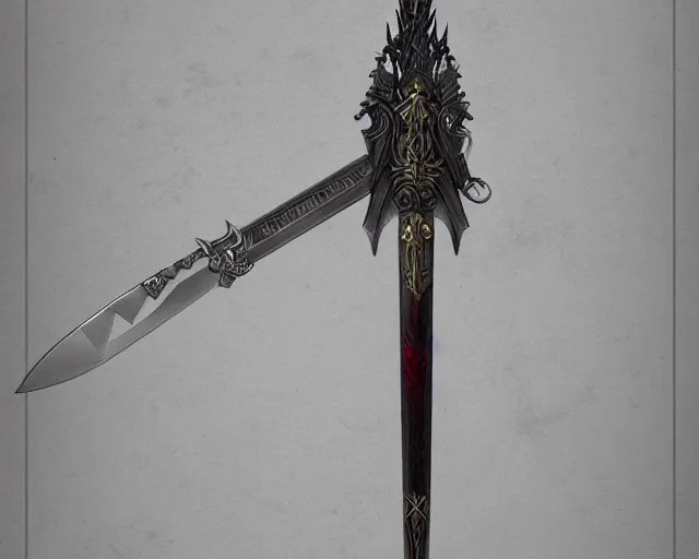 Prompt: legendary sword, digital award winning hd matte painting, intimate dark moody, intricate, long sharp black and iridescent blade, ornate spikes, colorful hilt, detailed realistic, raytraced blade, colored gems, golden pommel, in the style of greg rutkowski and krenz cushart, trending on artstation and deviantart