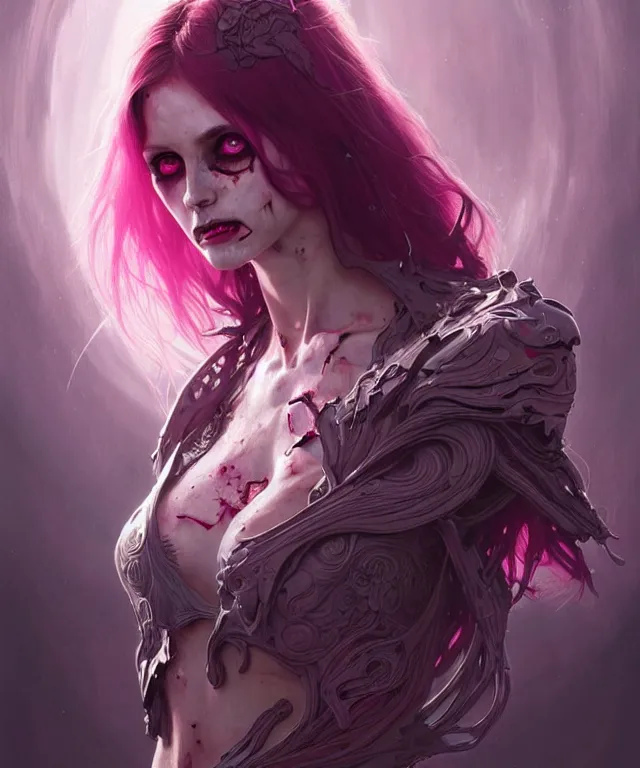 Image similar to Beautiful female zombie, eastern european origin, sci-fi, pink eyes, face, raven hair, fantasy, intricate, elegant, highly detailed, digital painting, artstation, concept art, smooth, sharp focus, illustration, art by artgerm and greg rutkowski and alphonse mucha