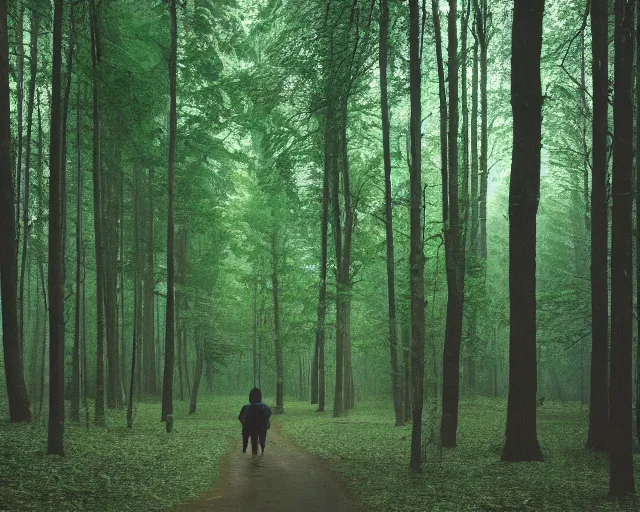 Image similar to a person walking through a forest with tall trees, a photo by kazys varnelis, trending on flickr, naturalism, photo taken with provia, photo taken with ektachrome, photo taken with fujifilm superia