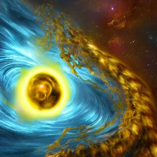 Prompt: hyperrealistic. A yellow black hole with radiant tentacles violently devouring the universe.