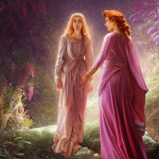 Prompt: a highly detailed byzantine painting of scarlett johansson and emma watson as red haired princesses walking through a waterfall in a gossamer purple dress, epic fantasy, stormy night, viewed in profile from far away, ultrawide lens, art by artgerm and greg rutkowski and alphonse mucha, volumetric lighting, 4 k resolution, trending on artstation, masterpiece