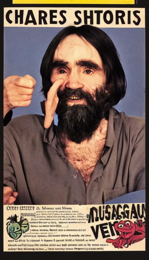 Image similar to vintage magazine advertisement depicting charles manson hosting the muppet show