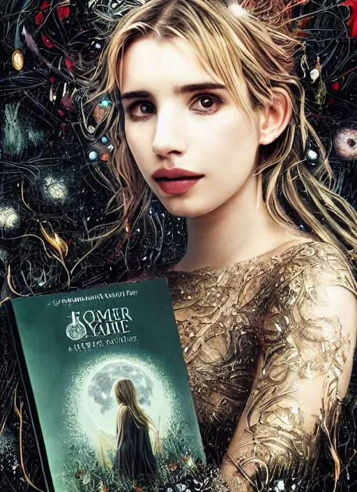 Prompt: glowing silver and golden elements, full close-up portrait, Emma Roberts as a dark witch in front of the full big moon, book cover, green forest, red white black colors, establishing shot, extremly high detail, foto realistic, cinematic lighting, pen and ink, intricate line drawings, by Yoshitaka Amano, Ruan Jia, Kentaro Miura, Artgerm, post processed, concept art, artstation, matte painting, style by eddie, raphael lacoste, alex ross