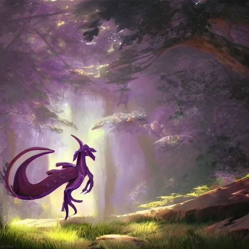 Image similar to concept art painting of an anthropomorphic purple anime anthro dragon, in the deep forest, realistic, detailed, cel shaded, in the style of makoto shinkai and greg rutkowski and james gurney