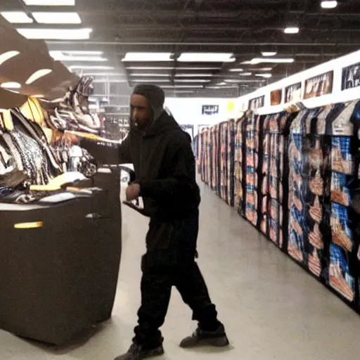 Prompt: surveillance footage of Kanye West shopping for Shows at Foot Locker